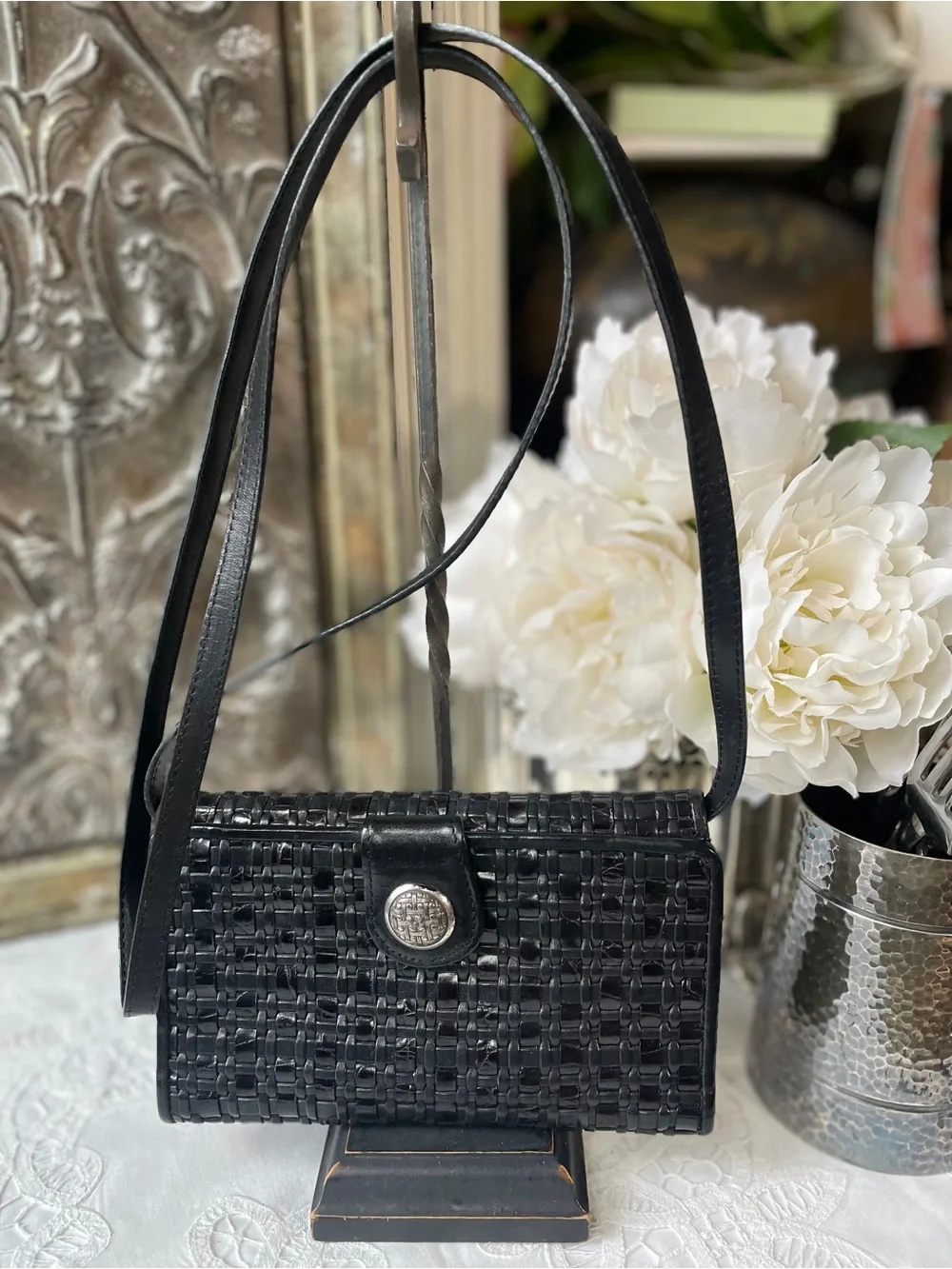 Brighton black leather woven crossbody wallet